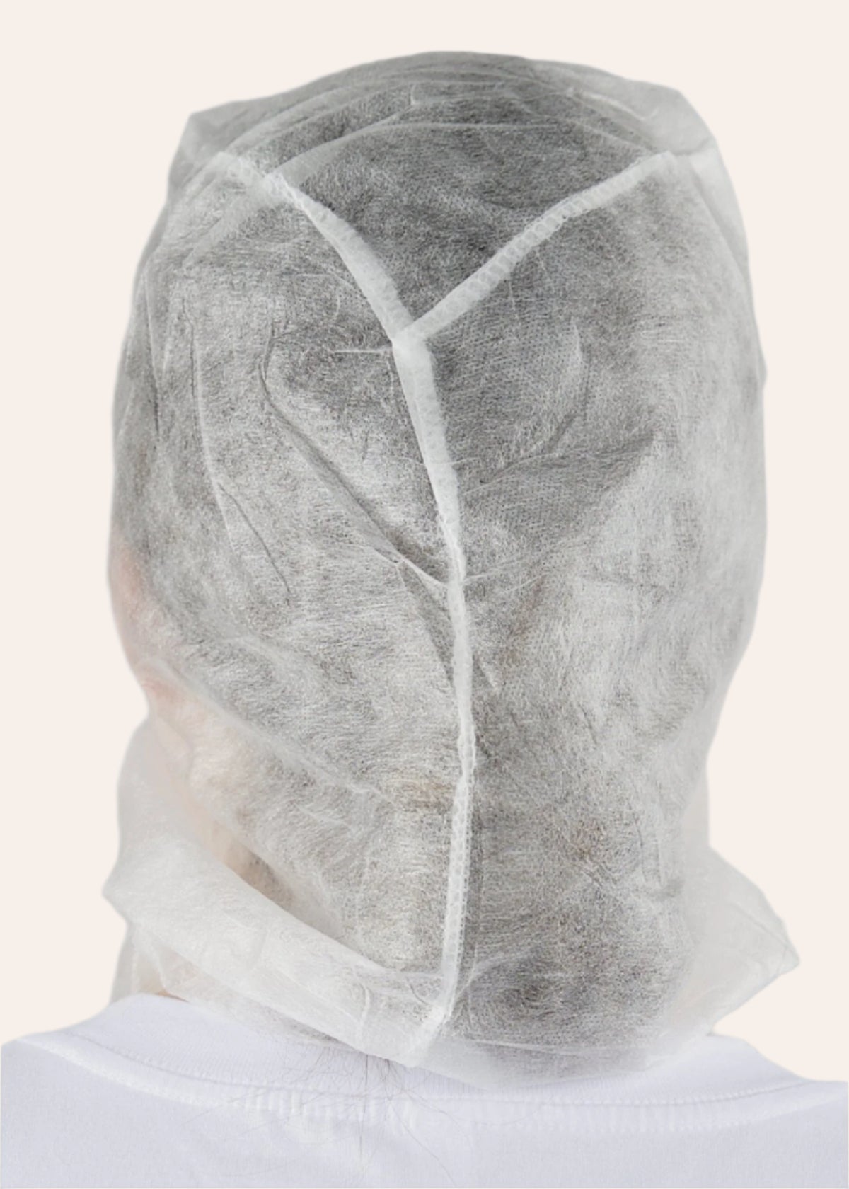 Back view of a white disposable balaclava hood