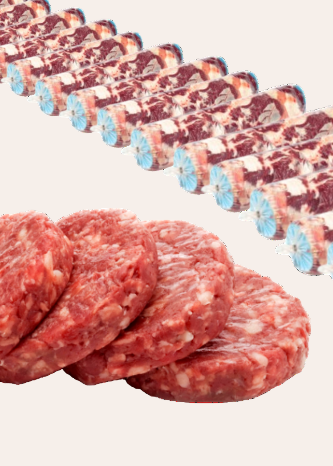 Raw ground beef patties and sliced sausage links on a white background