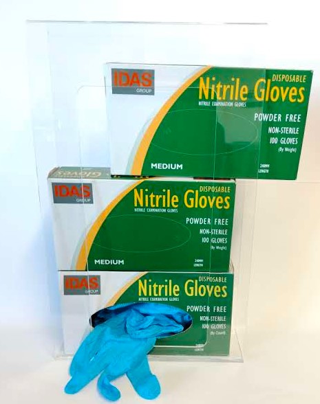 Perspex Disposable Glove Dispenser. Holds three boxes of gloves. Front is open for product to be accessed. Slide boxes in from the side. Mount on the wall with 2 screws. (Not supplied)